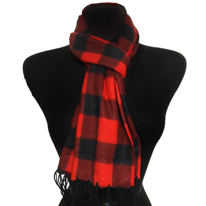 Cap Zone - Wholesale Scarf - Women's - Plaid Soft Fleece Fringe Trim Oblong Wrap Scarf