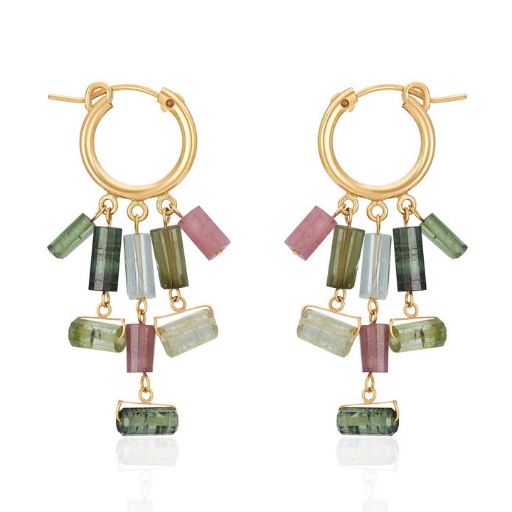 Tourmaline Tube Cluster Hoops for wholesale by Mabel Chong