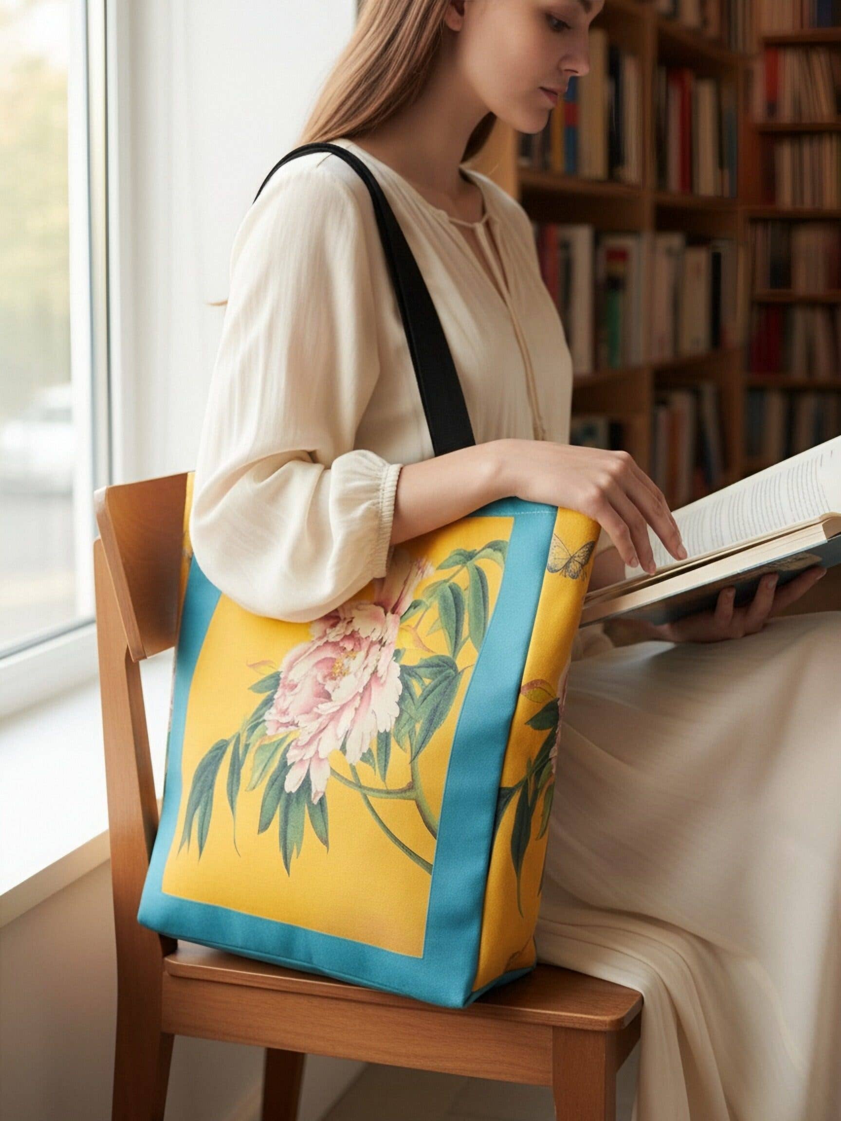 JC Sunny Fashion - Wholesale Tote Bag - Women's - Teal-Yellow Peony Luxury Thick Canvas Tote with Side Gusset3