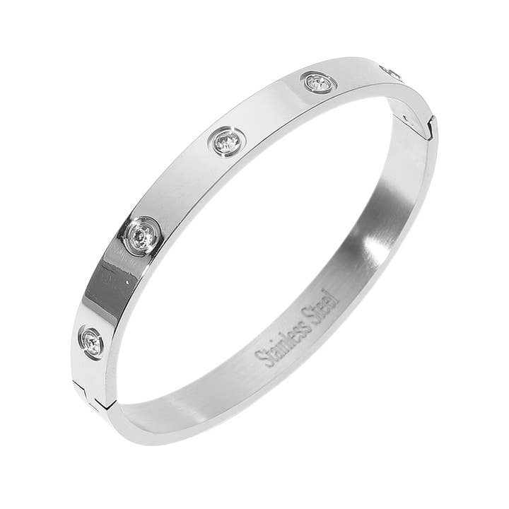 Sensibling Corp. - Wholesale Bangle Bracelet - Stainless Steel Stone Paved Hinged Bangle Bracelet