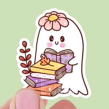 Adesivo in Vinile di Fantasma che Legge un Libro su una Pila di Libri Floreale per la vendita all'ingrosso da parte di Limes & Lilly