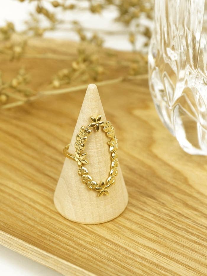 Oval Leaves And Flowers Adjustable Steel Ring for wholesale by Victoria Moda