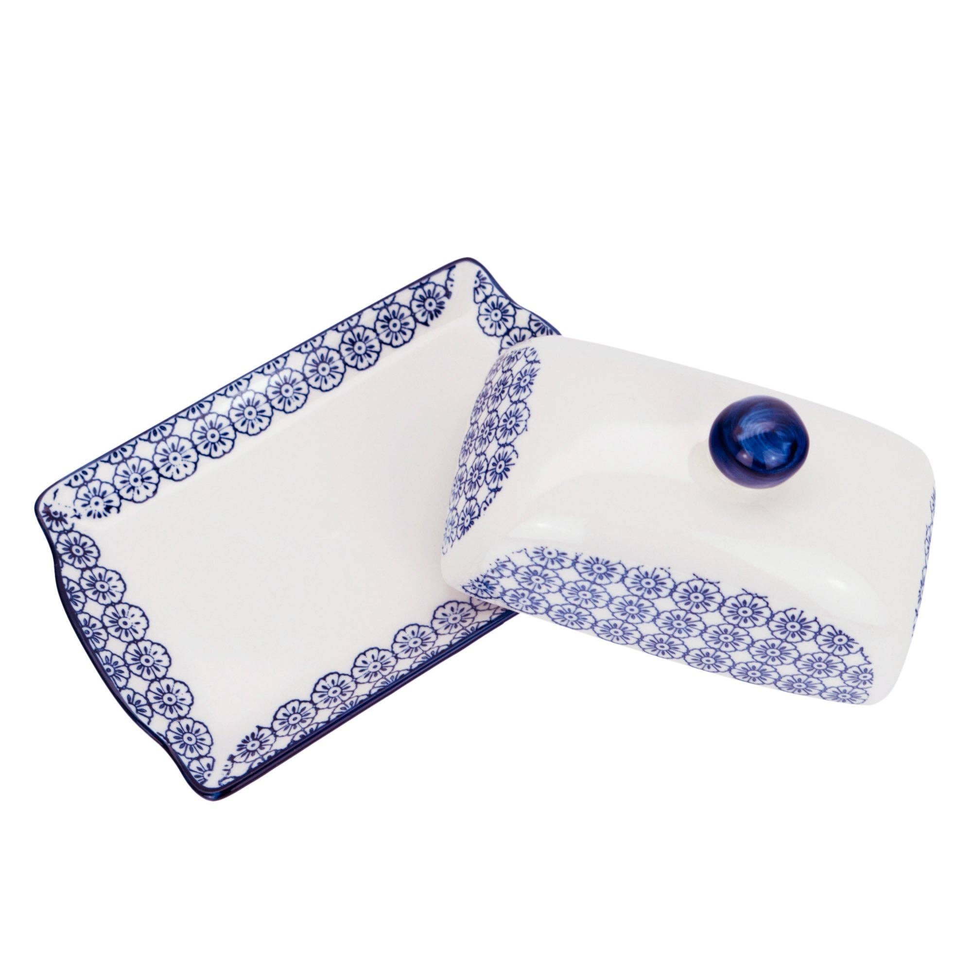 Rinkit Ltd - Venta al por mayor Platos para mantequilla - Mantequera con tapa Nicola Spring de porcelana con diseño de flores azules3