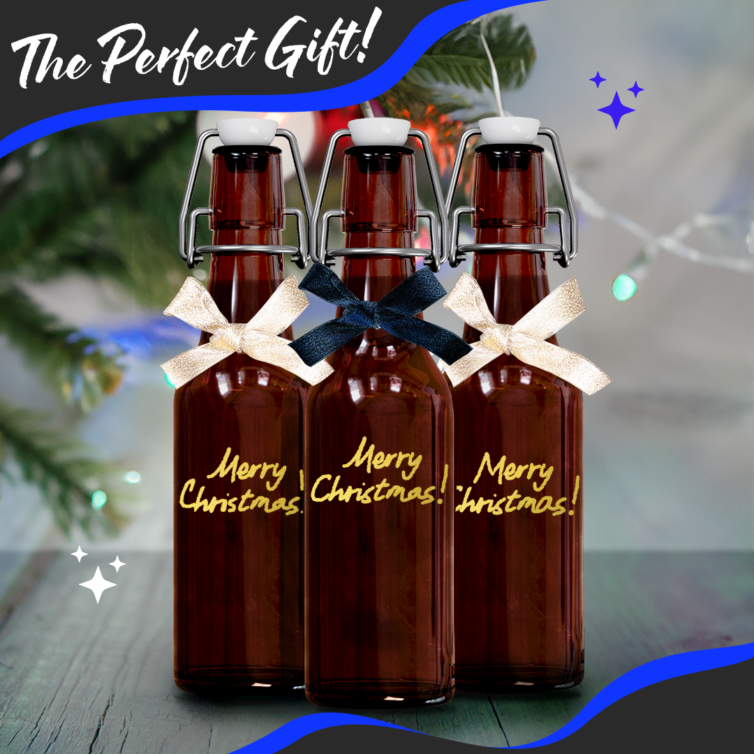 Nevlers – wholesale Mjölk- och juiceflaska – Nevlers 8,5 oz bärnstensfärgade glasölflaskor med svängkork (förpackning med 18) | Inkluderar tratt, borste och markör4