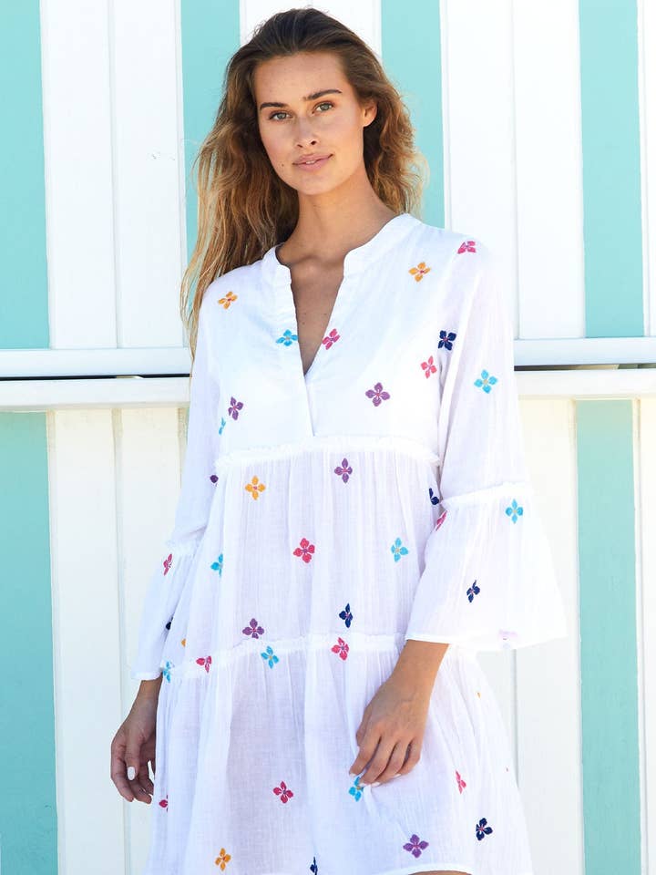 Caftan brodé Cristina | Blanc/Multi pour la vente par Aspiga