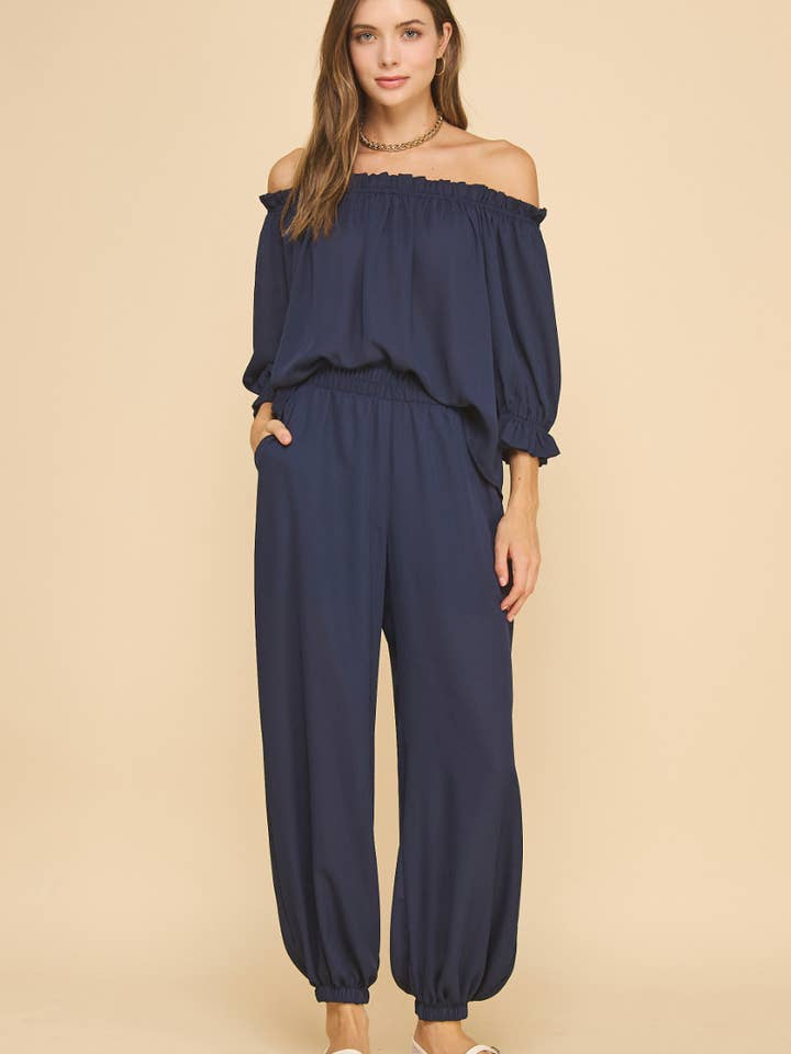 IST1382A Off the shoulder Chiffon Top Navy for wholesale by If She Loves