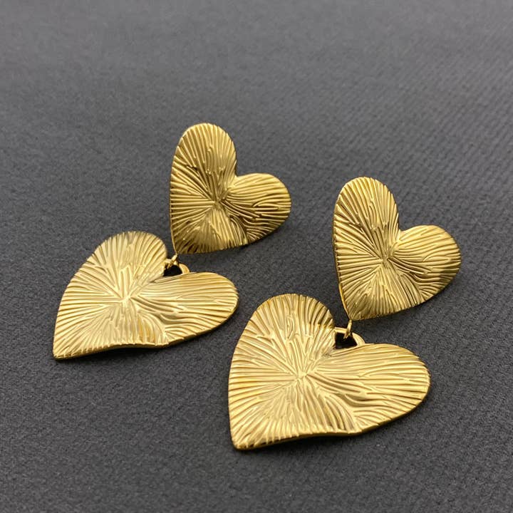 Textured Double Heart 18K Gold Plated S.Steel Earrings - FGS for wholesale by Mio Queena