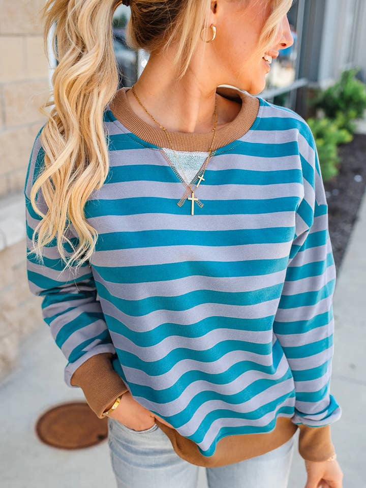 Sky Blue Stripe Contrast Color Ribbed Trim Round Neck Drop Shoulder Sweatshirt for wholesale on Faire3