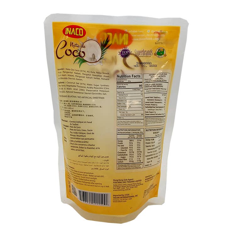 Takari International, Inc. - Wholesale Snack Pack - Kids & Baby - Inaco Nata De Coco- Mango Flavor, 24 Pouches/Case, 12.69oz(360g)2