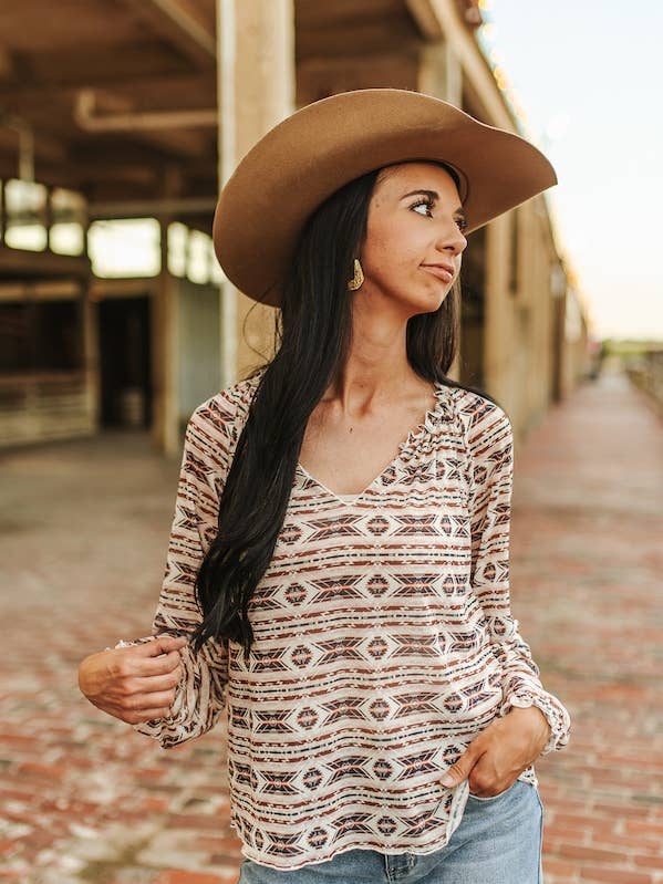 LUCKY & BLESSED - Wholesale Blouse – Women’s - Brown Cream Aztec Puff Sleeve V Neck Long Sleeve Blouse0