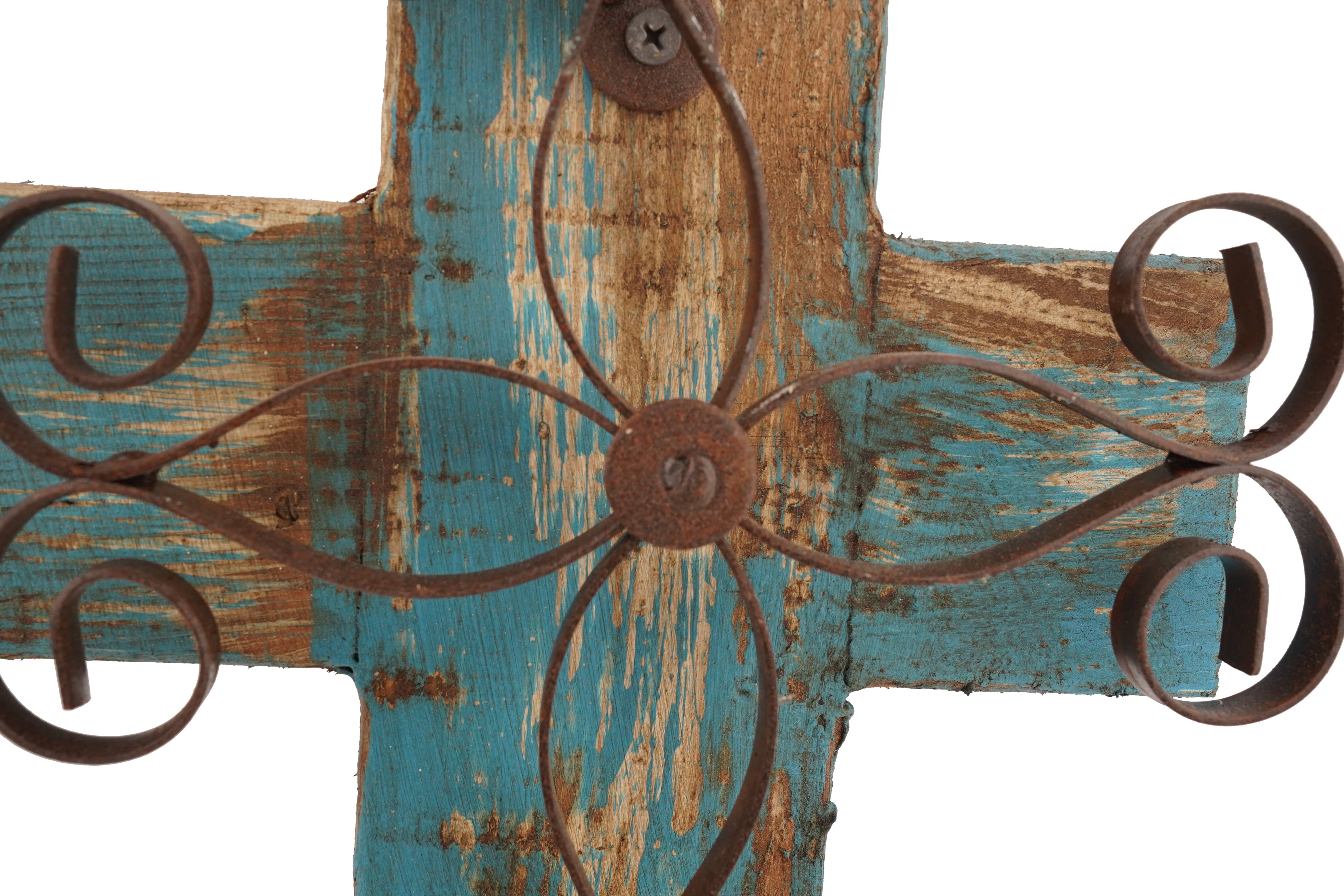 My Amigos Imports - Wholesale Decorative Tabletop Object - Laredo Pedestal Wood Cross-Farmhouse-Wood & Iron-8x17Hx4D6