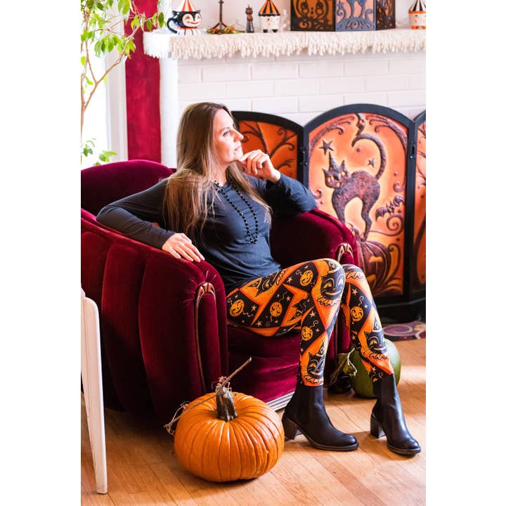 Beautifully Unique® Leggings – wholesale Modeleggings – Dam – "Grinning Jack" (Johanna Parker Exclusive) Orange Vintage Cat - Högkvalitativa Handgjorda Livfulla Leggings