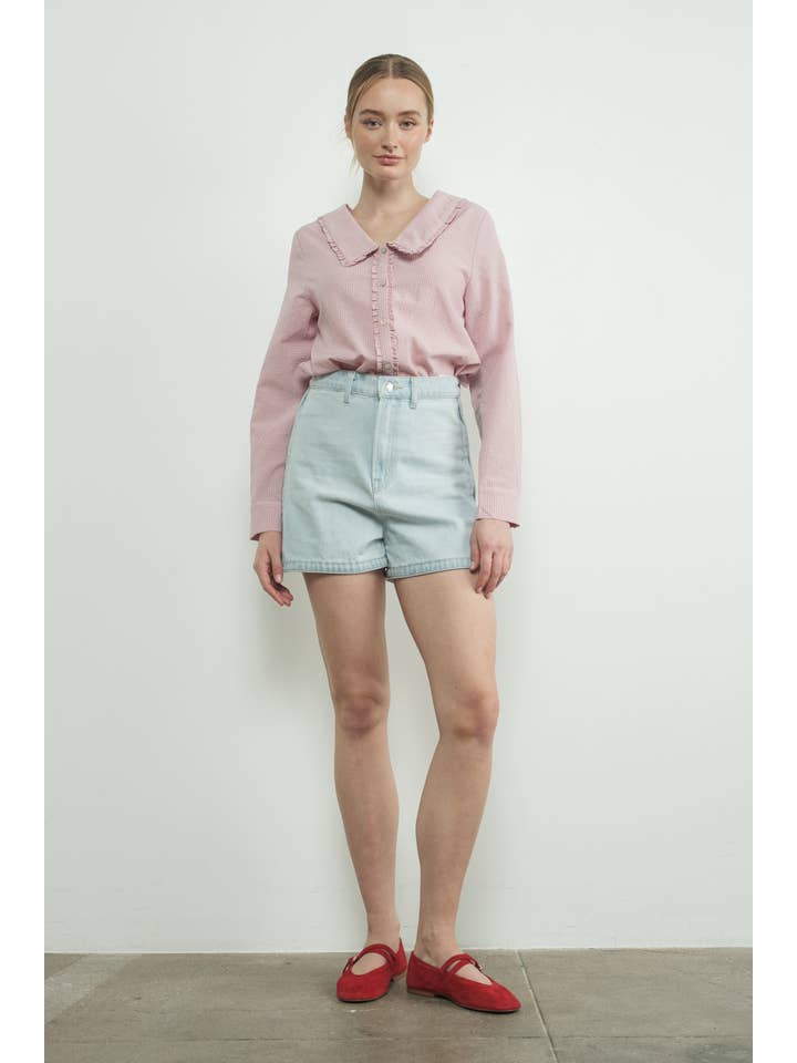 Aaron & Amber - Wholesale Blouse - Women's - MAT3099 CHECKED RUFFLE EDGE COLLAR BUTTONDOWN BLOUSE4