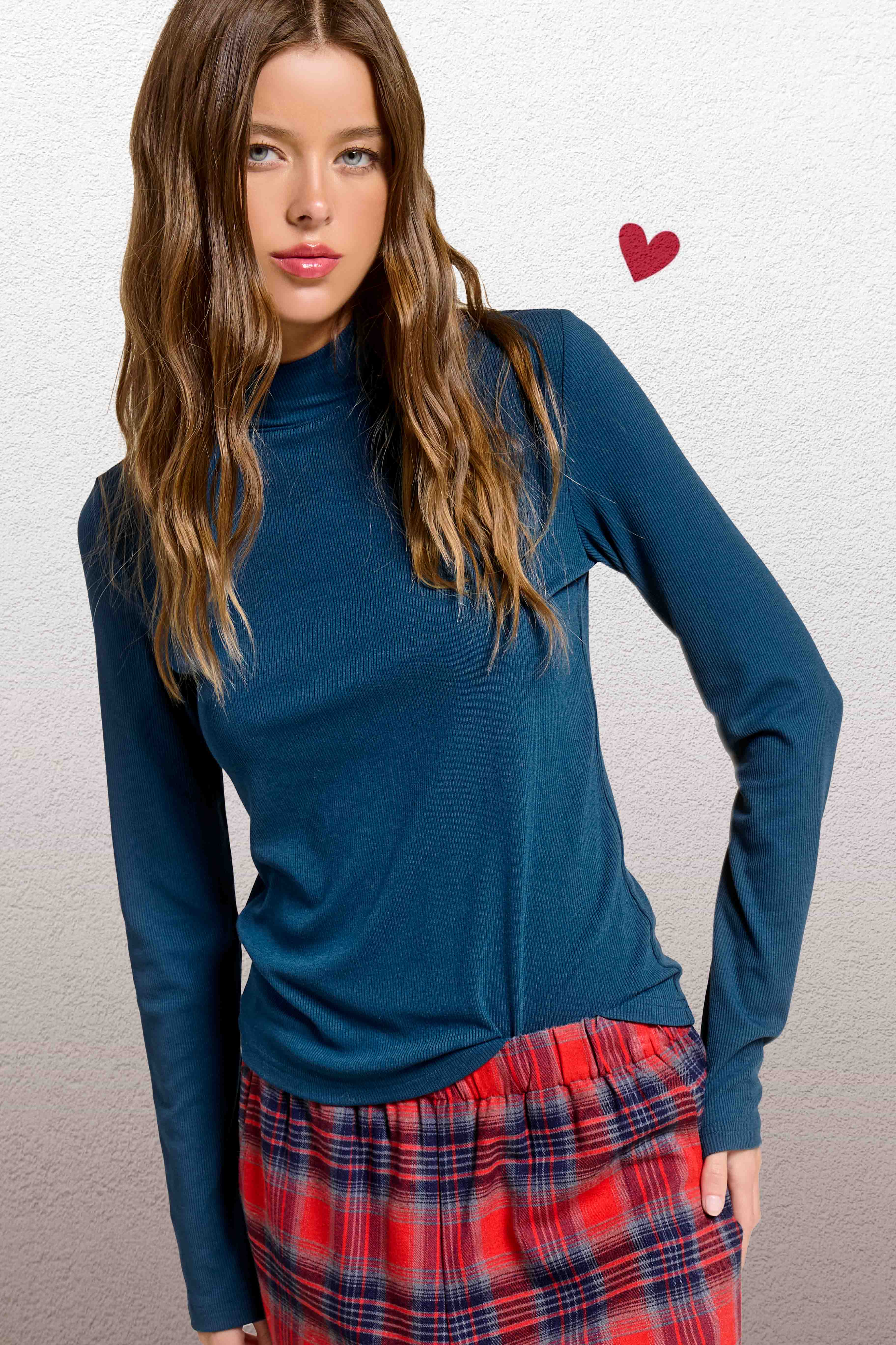 La Miel - Wholesale Gebreide top - Dames - MCT7699-Elastische geribbelde basistop met lange mouwen en ronde hals1