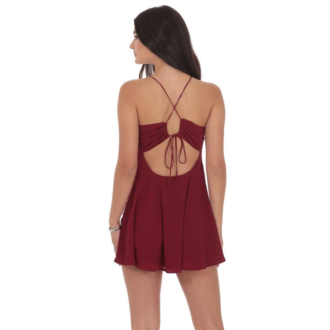 Lucy In The Sky – Großhandel Kleid – Damen – Schimmerndes Nadelstreifen-Kleid in A-Linie in Kastanienbraun1