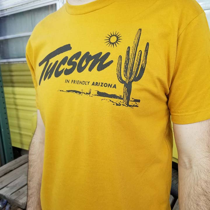 Tanline Printing - Wholesale Screen Printed T-Shirt - Unisex - "Tucson Friendly" Unisex Shirt (Gold)