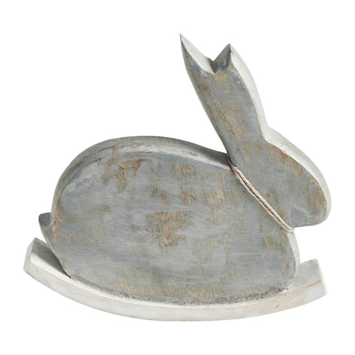 VHC Brands - Wholesale Decorative Tabletop Object - Bunny Hop Wooden Bunny w/ Pearl Beads & Rocker Base 7.5x7.5x1.5