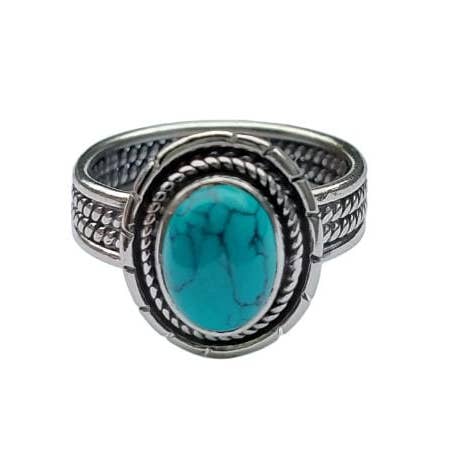 Bague vintage faite main ovale en argent oxydé bleu turquoise pour la vente par SILVER CAVE