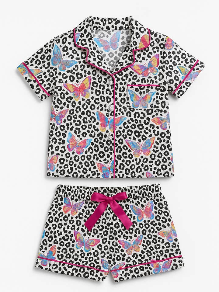 2 Pc Prepack Butterfly Short Sleeve Satin Pajama Short Set for wholesale by Limeapple