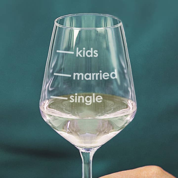 Single, Married, Kids' Measures Wine Glass for wholesale by Becky Broome