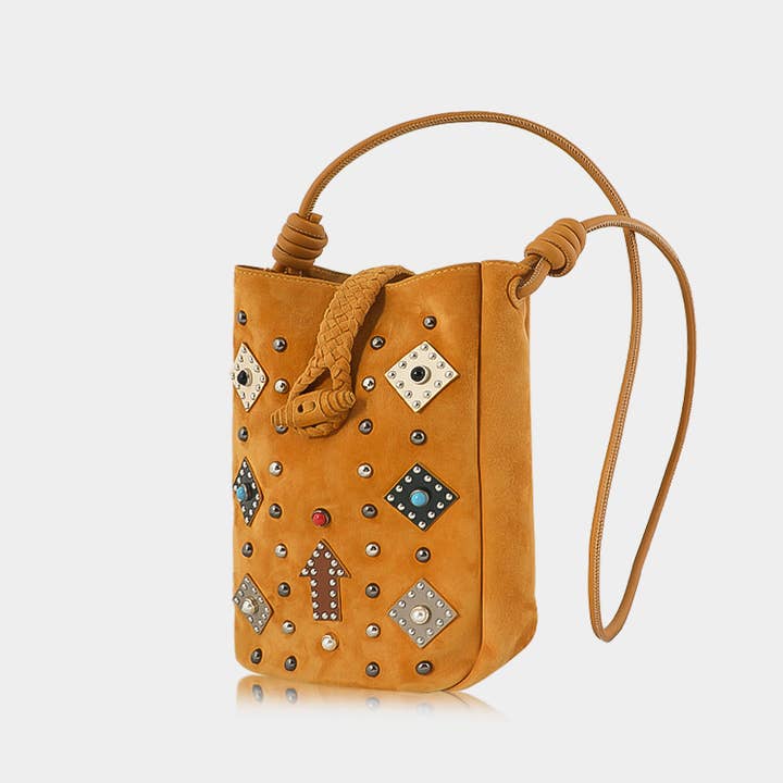 Handmade Rivet Crossbody Bag Cow Suede Leather Patchwork for wholesale by WANACCESSORY