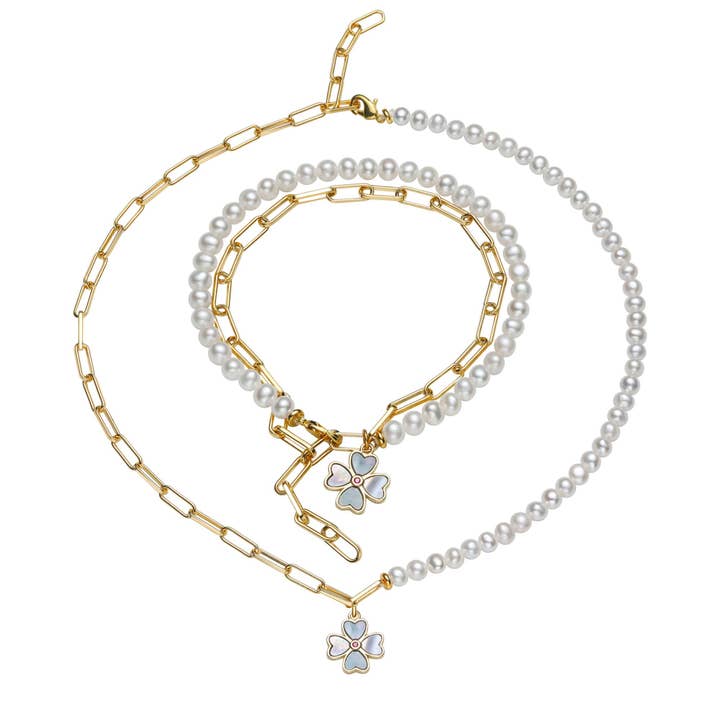 Lucky Clover Leaf 2-in-1 Pearl Necklace or Bracelet (one piece) for wholesale by Timeless Pearl