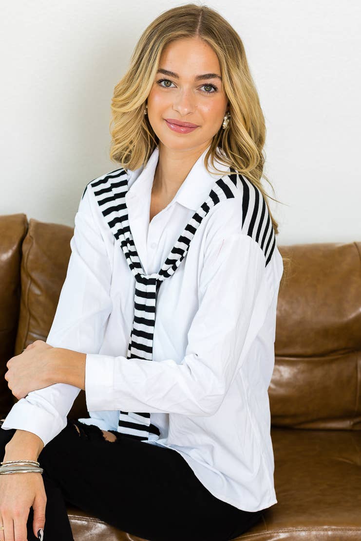 Joh Apparel - Wholesale Button Down Shirt - Women's - Willette Top with Stripe Front Ties2
