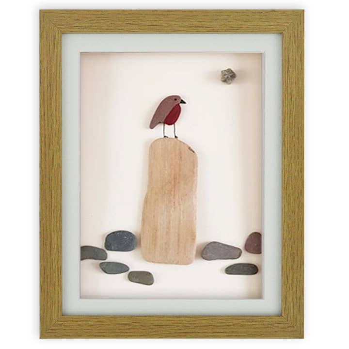 UrchinArtworks - Wholesale Art Print - Robin on a Post - Sea Glass & Pebble Wall Art Picture Decor
