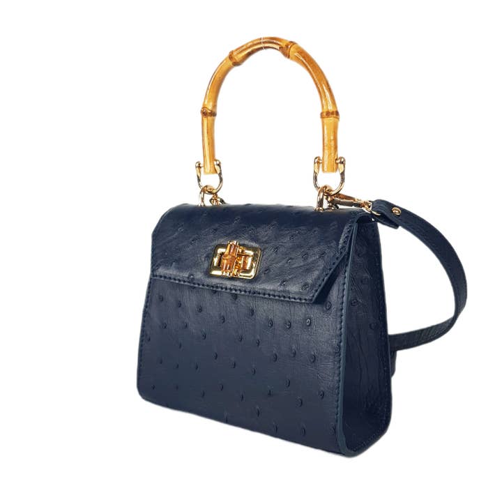 Blauwe struisvogeltas met handgreep aan de bovenkant, echt struisvogelleer voor wholesale door ANKO