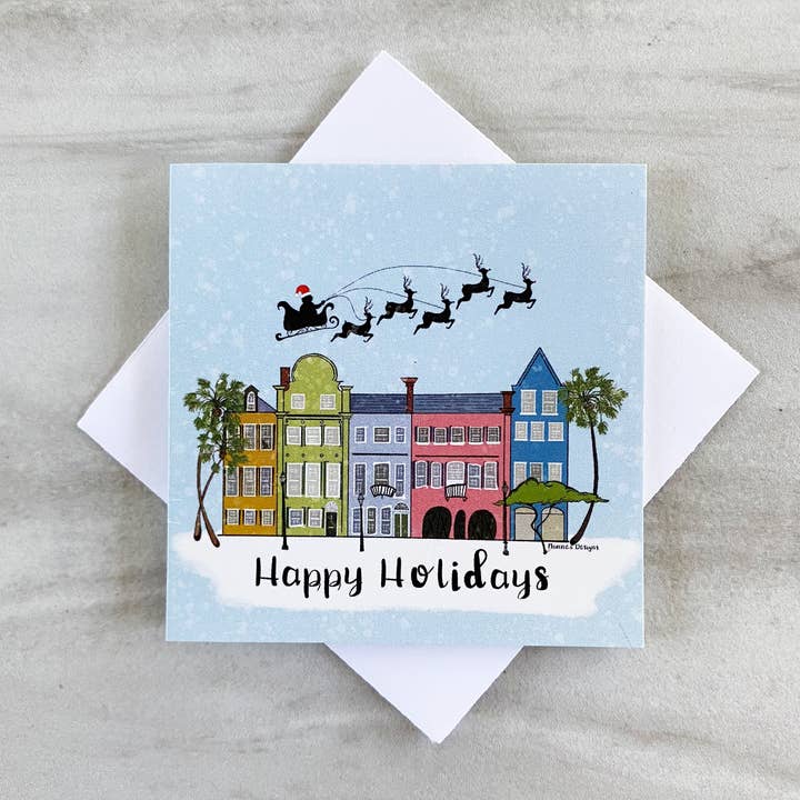 Joyeuses Fêtes Charleston Rainbow Row Petite Carte pour la vente par Nanner Designs