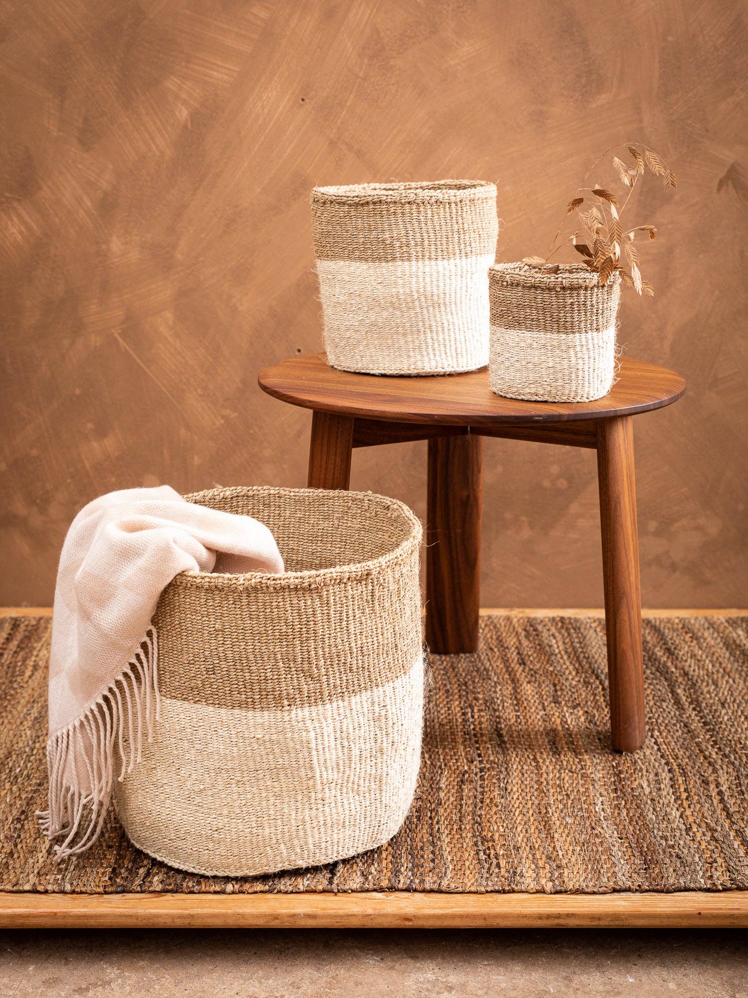 Natural CHAMA: Khaki & White Colour Block Storage Basket | Plant Pot Cover | Desk Tidy | Blanket Storage for wholesale on Faire8