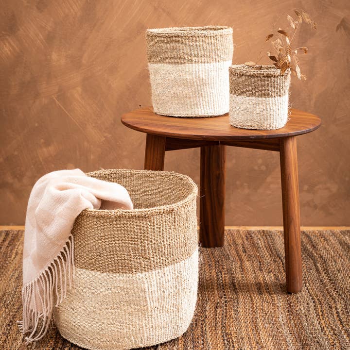 Natural CHAMA: Khaki & White Colour Block Storage Basket | Plant Pot Cover | Desk Tidy | Blanket Storage for wholesale on Faire6
