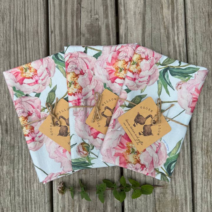 Tea Towel - Peonies on Light Blue Linen Cotton for wholesale by Goose and Willow