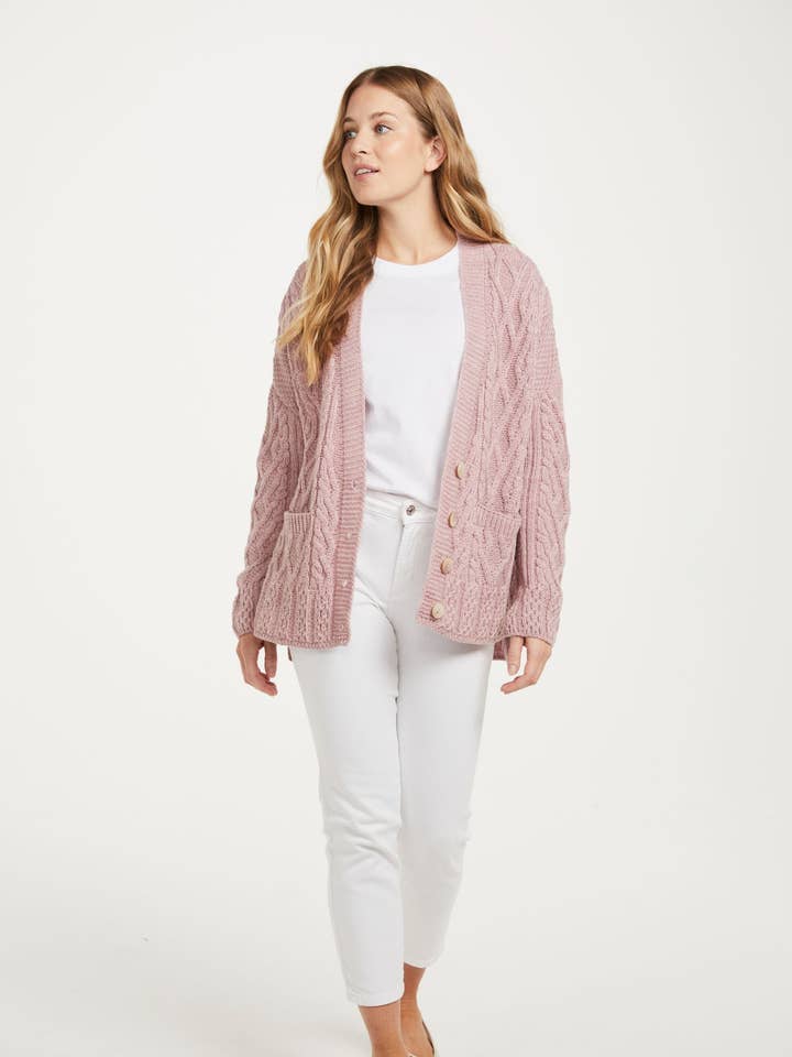 Valentia Trellis Aran Cardigan - Blush Pink for wholesale by Aran Woollen Mills