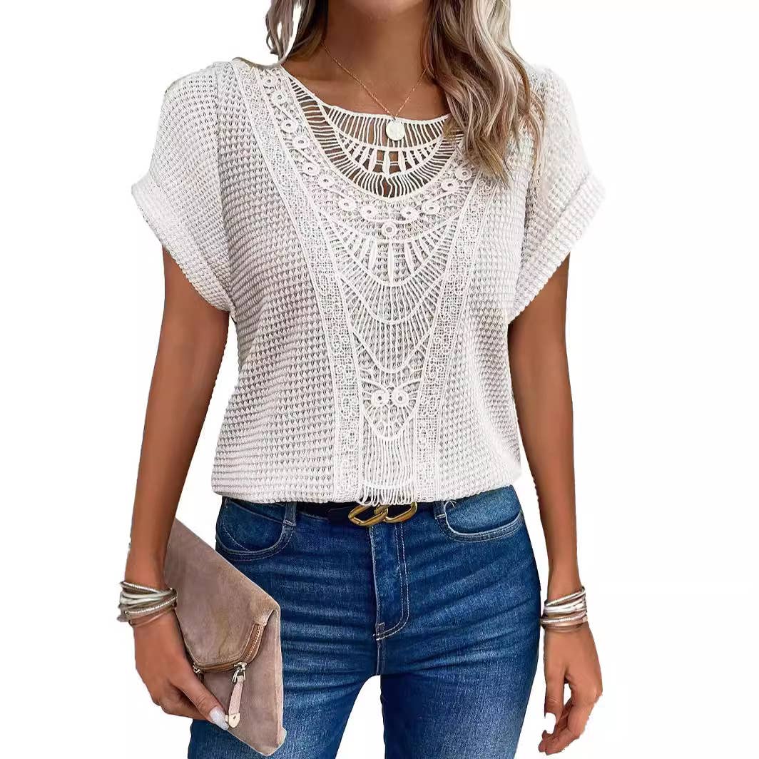 Crave by FW - Wholesale Knit Top - Women's - Lace Splicing Crew Neck T-shirt5