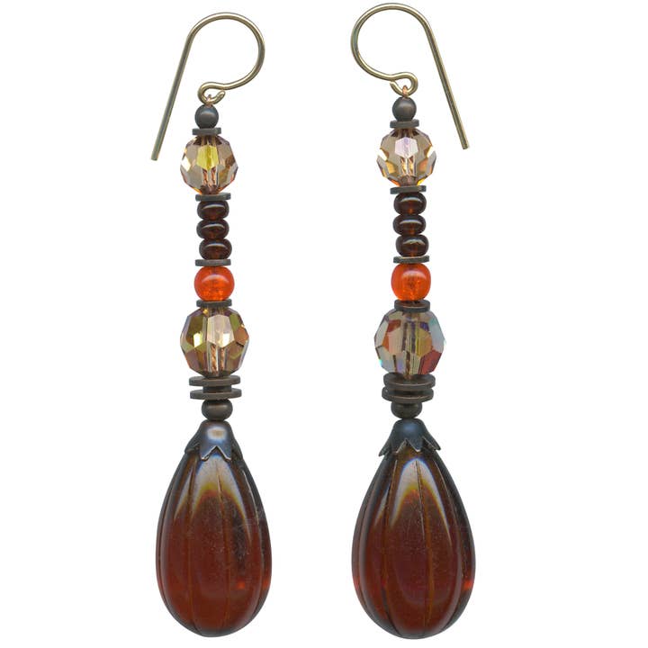 308 - ORECCHINI IN VETRO A BACCELLO DI TOPAZIO SCURO, CRISTALLO, BRONZO per la vendita all'ingrosso da parte di Owen Glass Collection