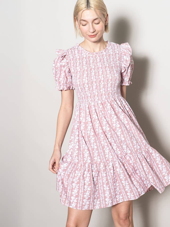 Ruffled Embossed Cotton Floral Babydoll Dress w Pockets for wholesale by Elloh Collection