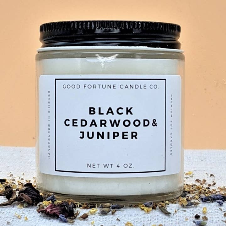 Black Cedarwood Juniper | Premium Soy Wax Scented Candle | Cedar Wood Floral Scented Candle | Handmade in Chicago | 16oz 8oz 4oz for wholesale by Good Fortune Candle Company