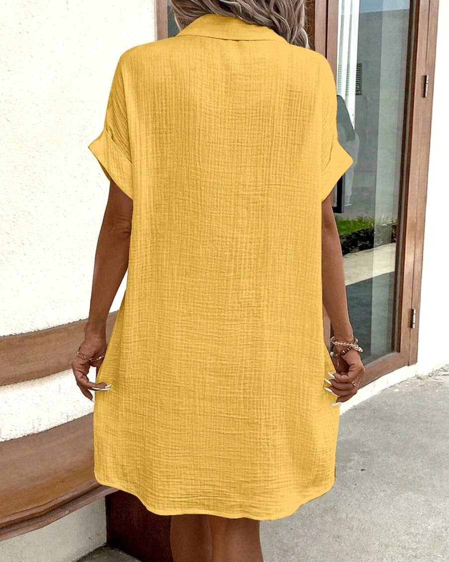 Lily Clothing - Wholesale Dress - Women's - Simple loose V-neck single breasted solid color shirt dress14
