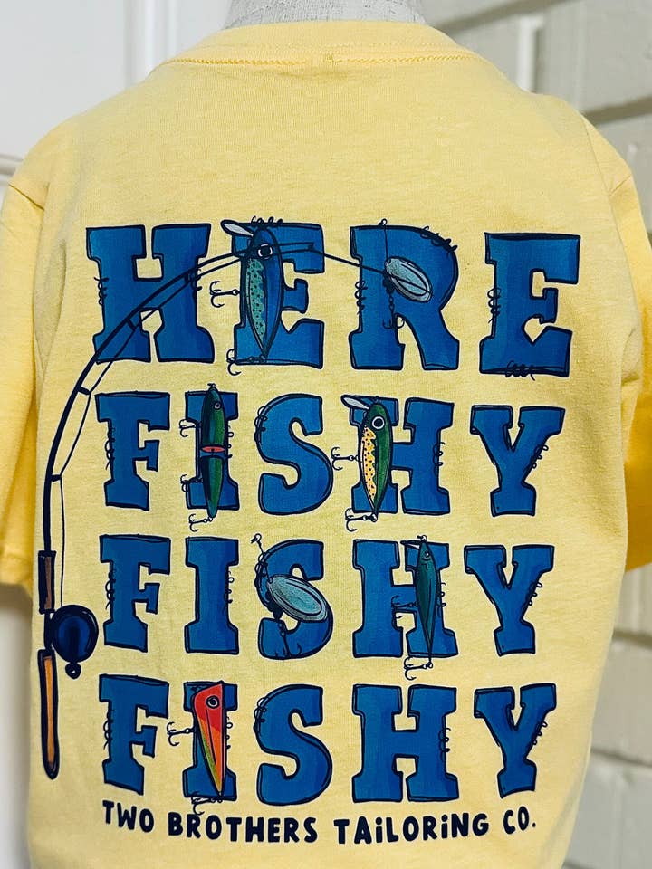 Yellow Here Fishy Tee for wholesale by Two Brothers Tailoring Co.