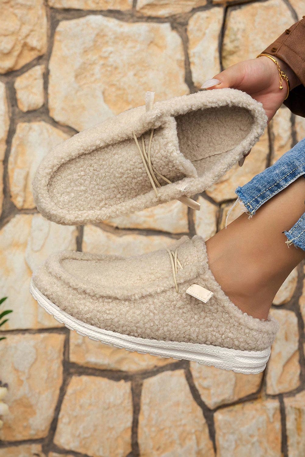 White Lace Up Detail Slip On Sherpa Shoes for wholesale on Faire4