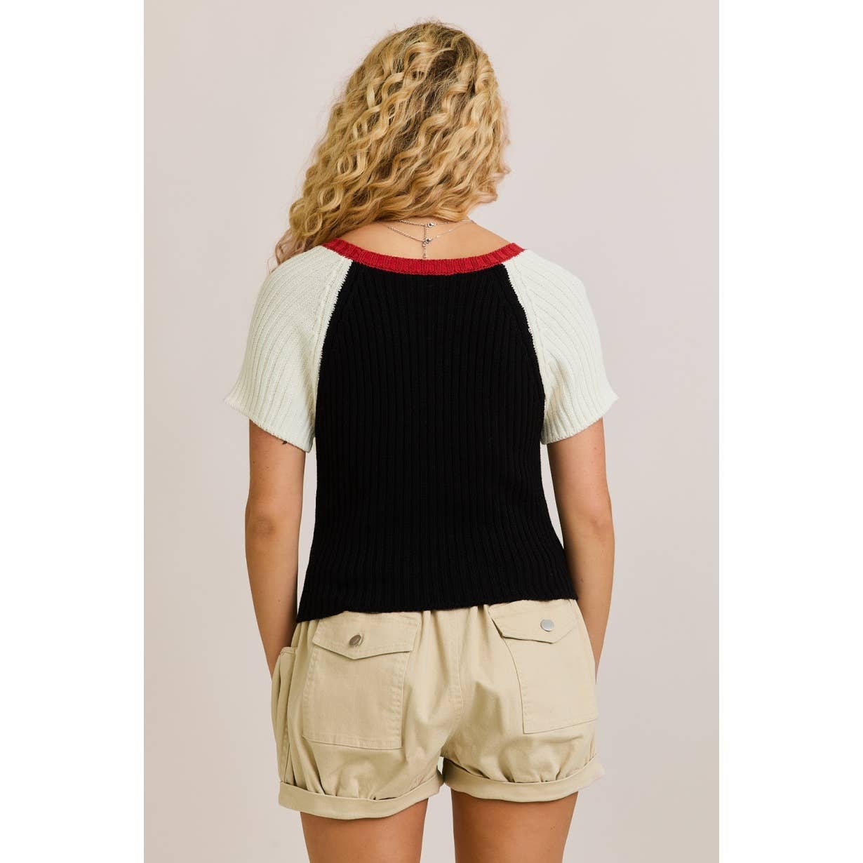 SORT-HVID USA-flag Raglan kortærmet crewneck ribstrikket sweater-top for engroshandel på Faire4