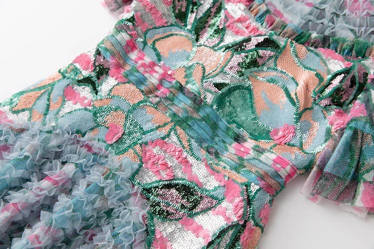 Color as pictures DR592Y Hand-Printed Lotus Leaf Lace Dress with Beaded Detail for wholesale on Faire6