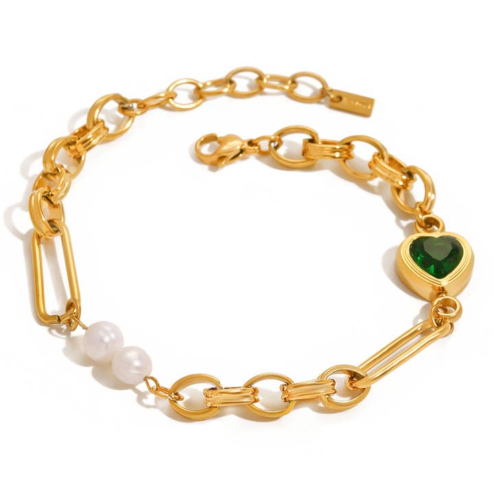 Emerald Pearl Heart Charm Bracelet for wholesale by Kriya Veda