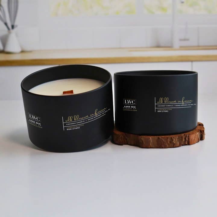 Silk Blossom Infusion 6oz Matte Black Tin Cocosoy Candle for wholesale by Luxe Wix® Candle Co.