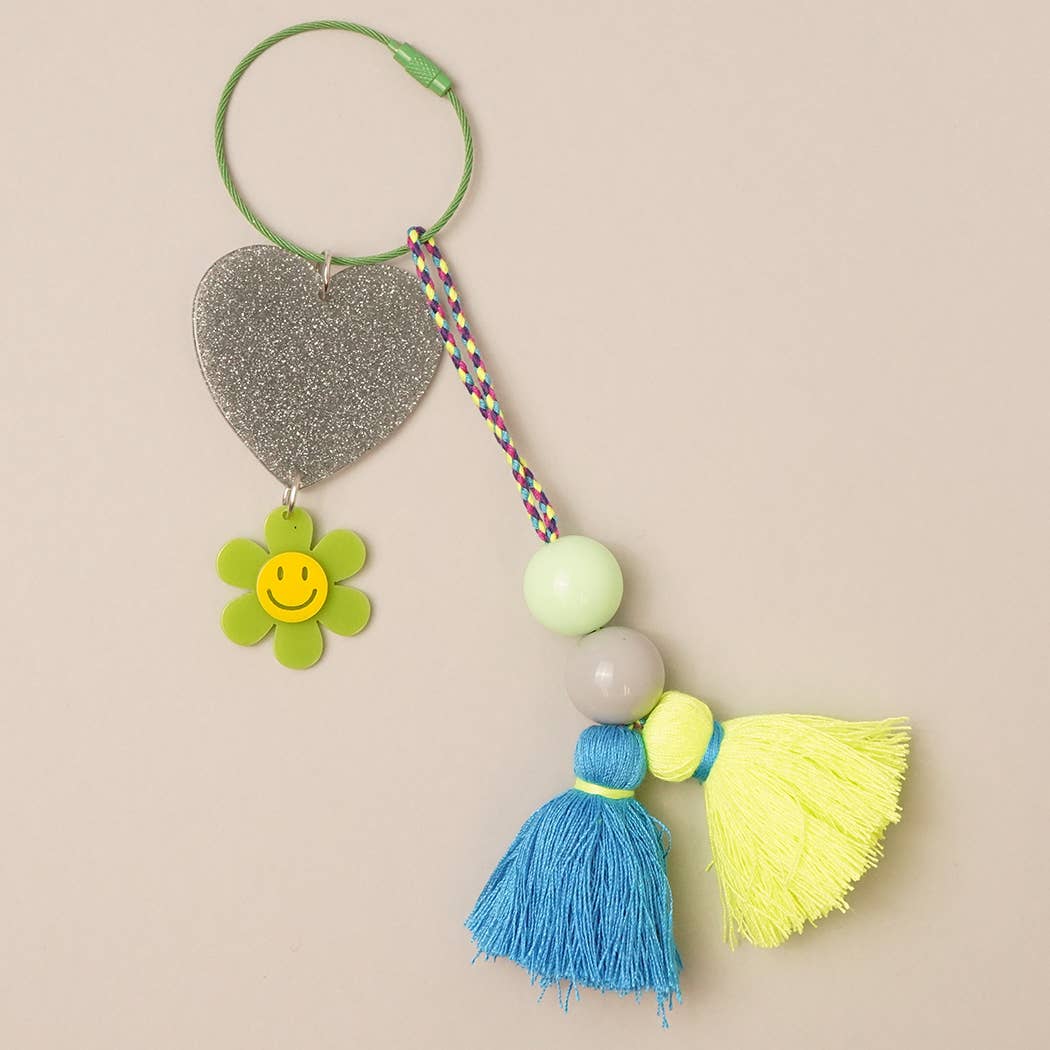 Fashion City - Wholesale Sleutelhanger - Dames - Happy Face sleutelhanger met glitterhart en kwastje, bedeltje5