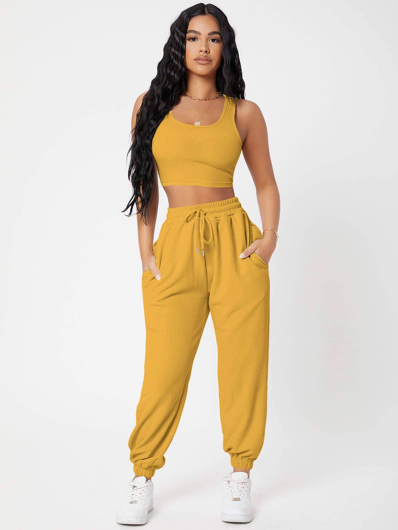 Fashion Combination - Wholesale Lounge set – Women's - petite solid crop tank top and joggers set11