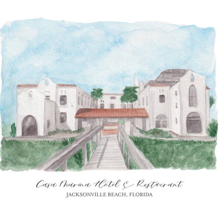 Casa Marina Hotel, Jacksonville Beach Watercolor Art Print for wholesale by Jenny Lemoine Design