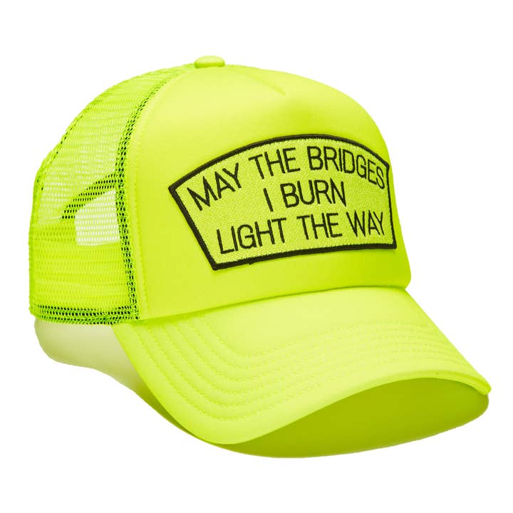 YELLOW "MAY THE BRIDGES I BURN" MESH BACK TRUCKER HAT for wholesale on Faire