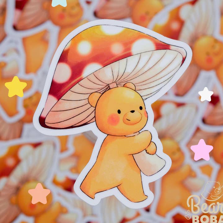 Mushroom Teddy | Fairy CottageCore | Weatherproof Sticker for wholesale by BEARY BOBA